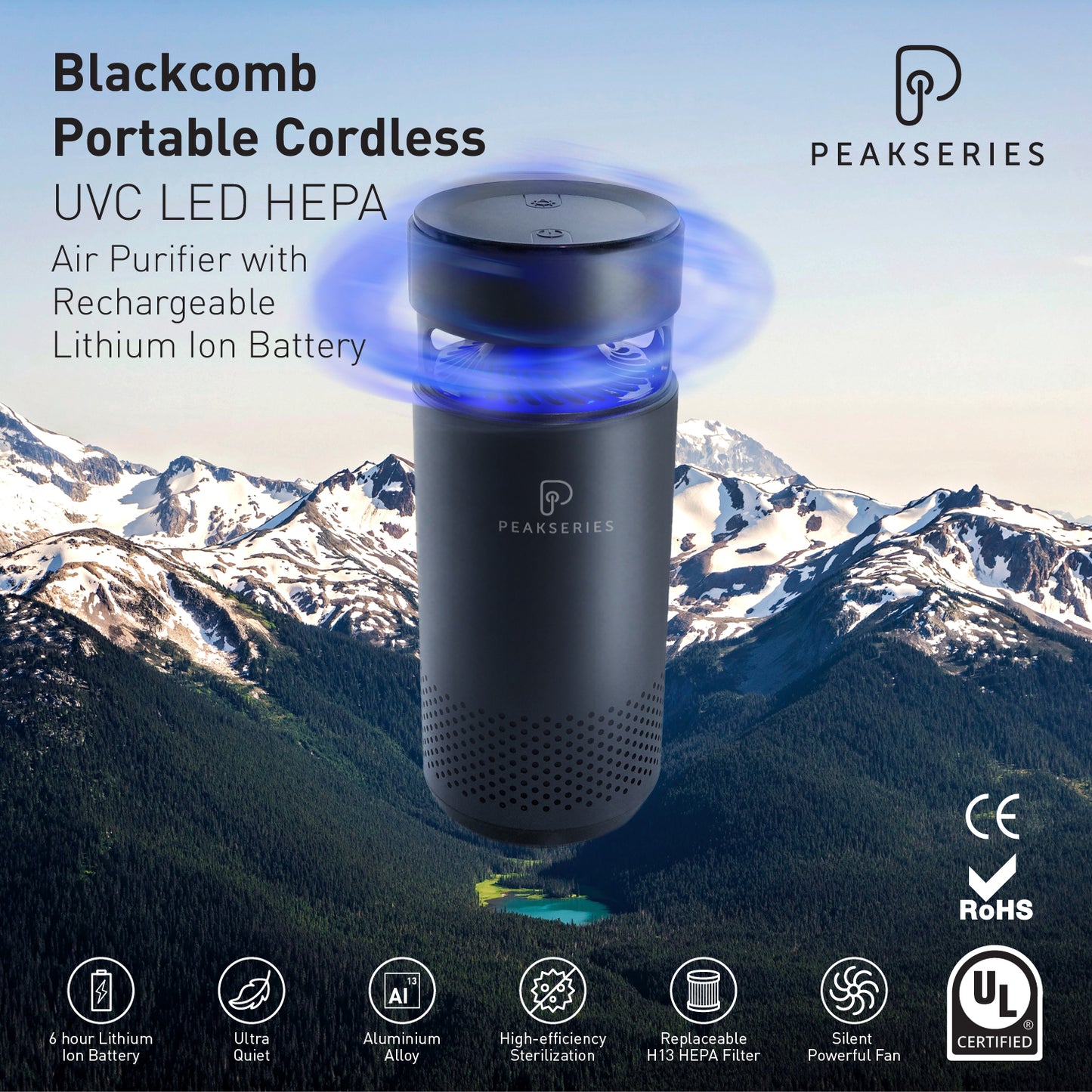 Features of the Peakseries Blackcomb HEPA UVC LED Portable Rechargeable Cordless Air Purifier