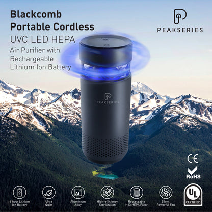 Features of the Peakseries Blackcomb HEPA UVC LED Portable Rechargeable Cordless  Air Purifier