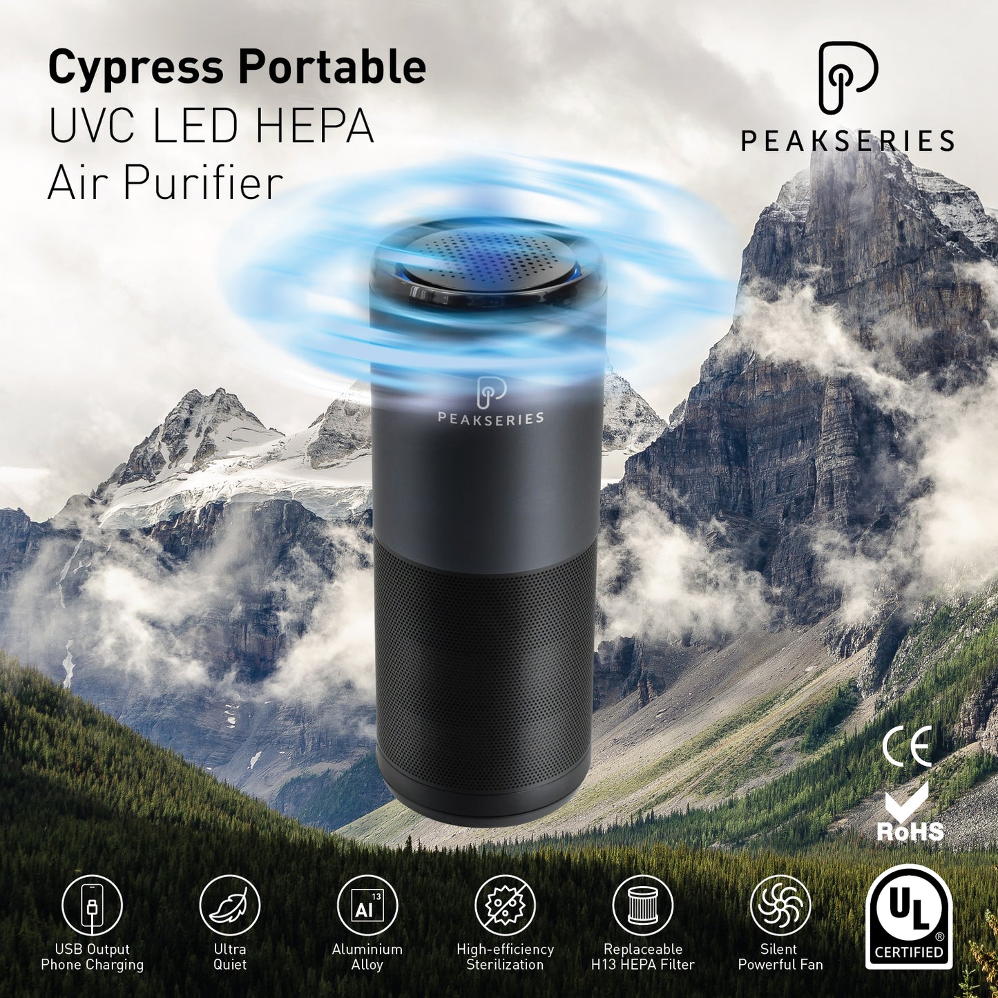 Features of the Peakseries Cypress HEPA UVC LED Portable Air Purifier