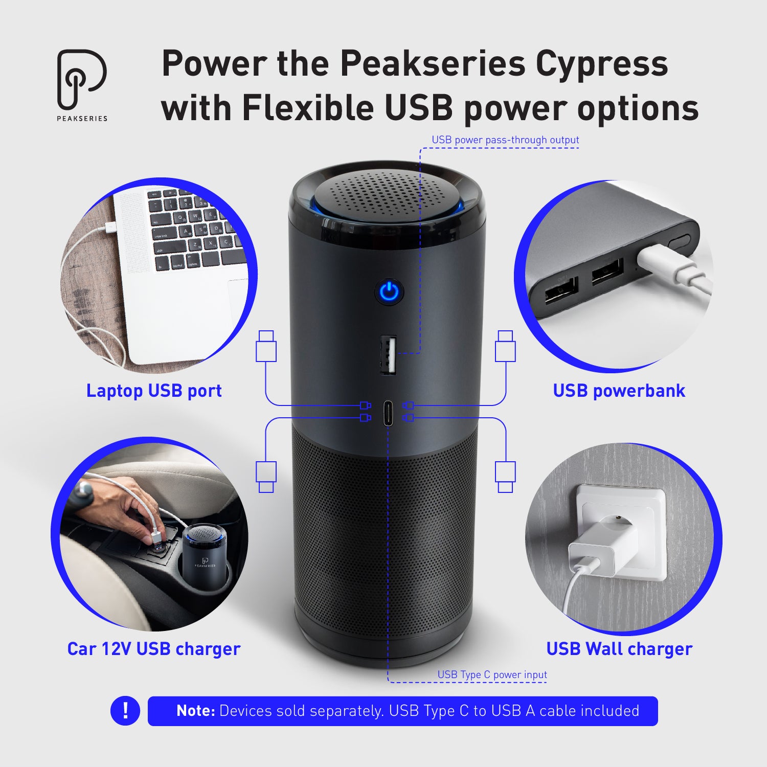 Many flexible power options for the Peakseries Cypress Air Purifier